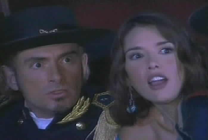 Esmeralda and Montero react as Zorro appears.